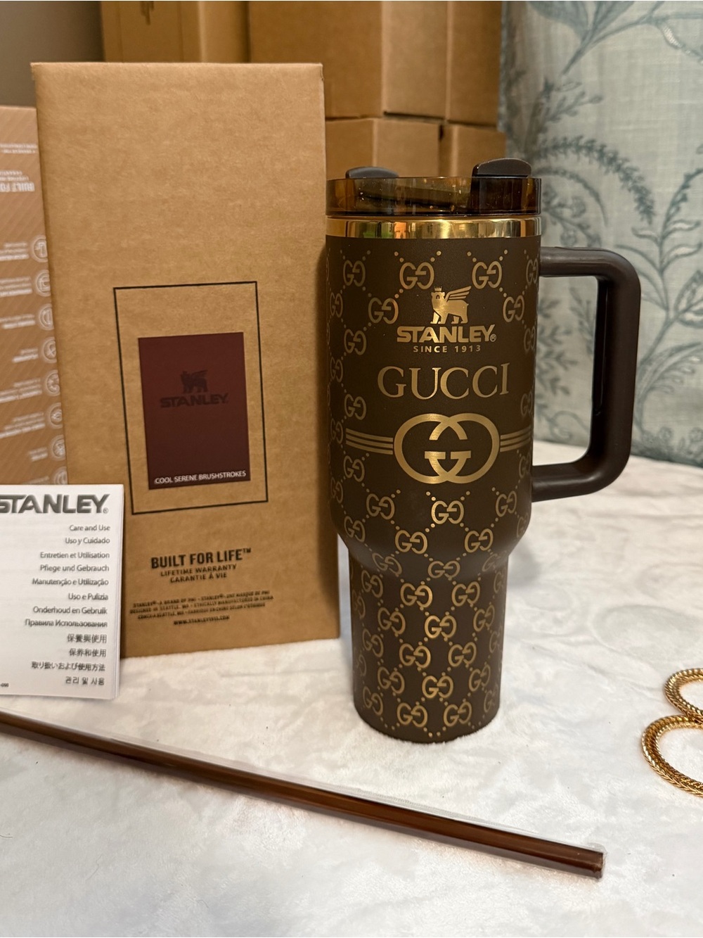 40oz Stanley tumbler cup brown and gold Gucci monogram